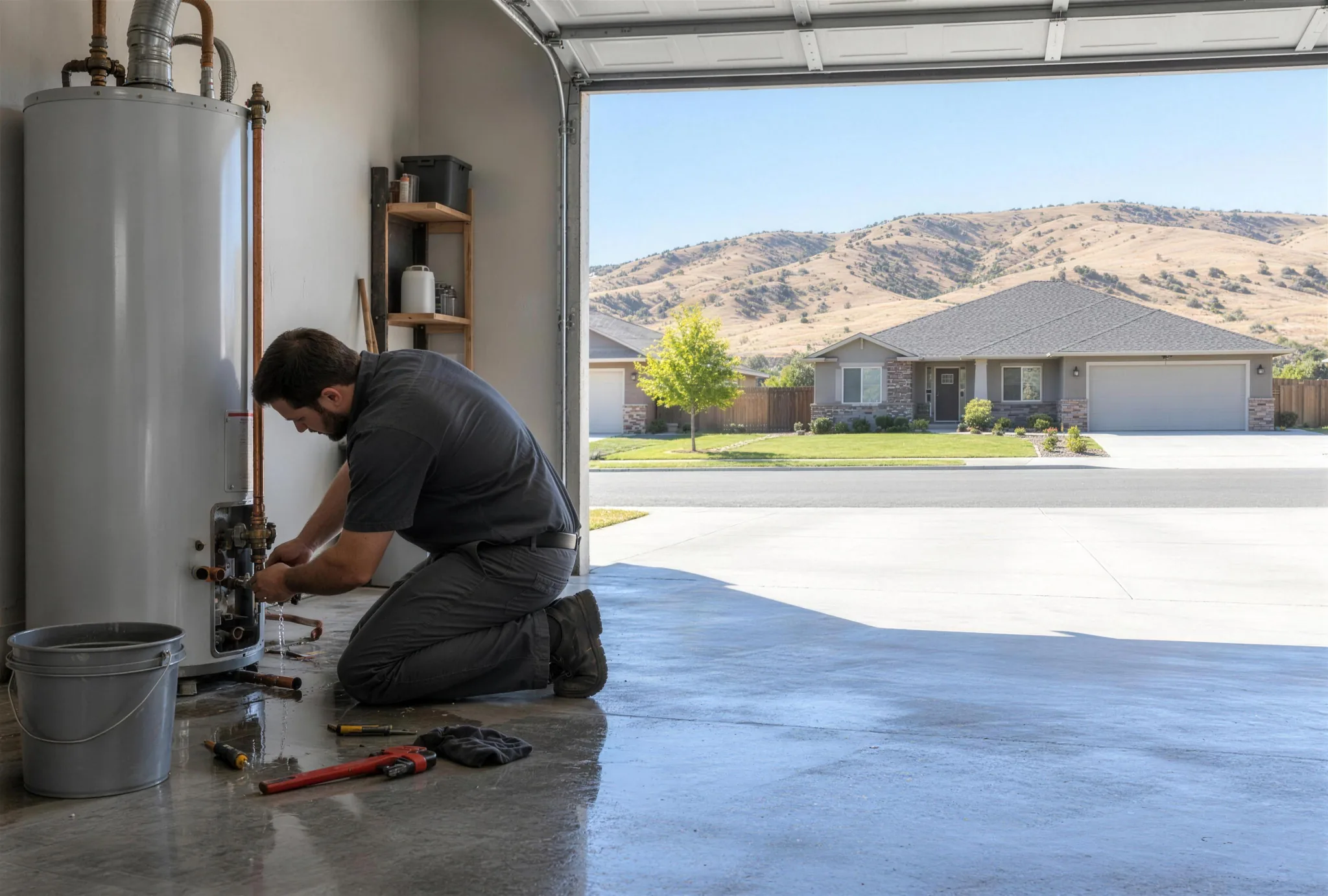 A plumber kneeling at a disconnected water heater in an open garage, the Boise foothills through the door